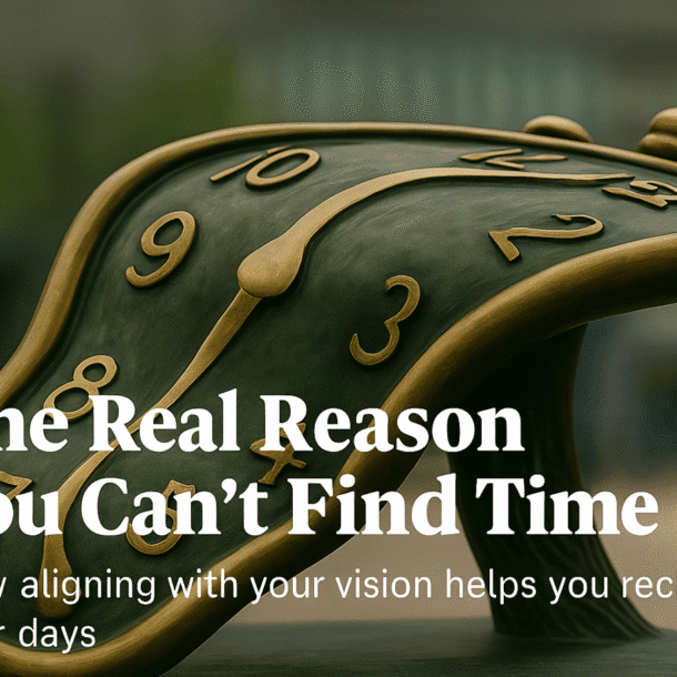 High-achieving woman realizing the real reason she can’t find time, symbolized by Salvador Dalí’s melting clock sculpture