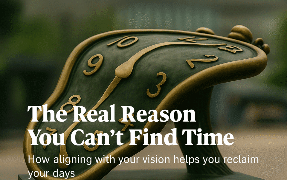 High-achieving woman realizing the real reason she can’t find time, symbolized by Salvador Dalí’s melting clock sculpture