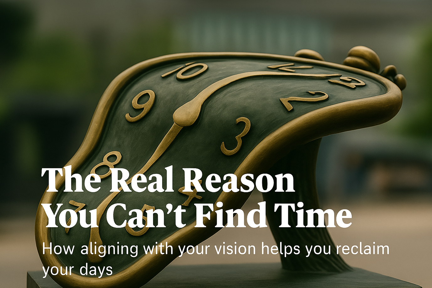 High-achieving woman realizing the real reason she can’t find time, symbolized by Salvador Dalí’s melting clock sculpture